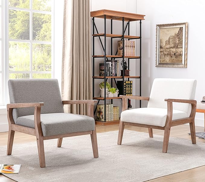 Mid Century Modern Accent Chair Set of 2, Linen Upholstered Living Room Accent Armchair with Wood Frame, Farmhouse Chair for Living Room Bedroom, Ivory