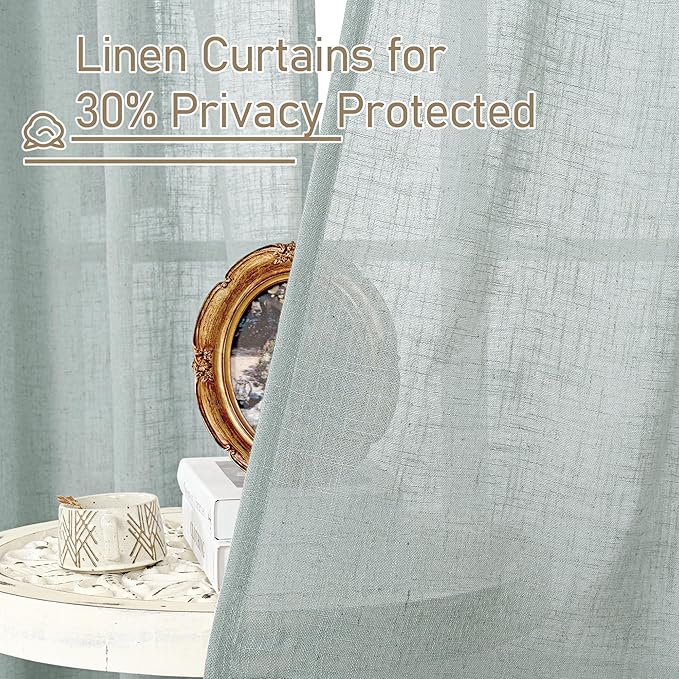 LAMIT Greyish Blue Linen Sheer Curtains 84 inch for Bedroom, Linen Textured Light Filtering Drapes Bronze Grommet Boho Panels for Farmhouse/Living Room, 2 Panels, 52 x 84 Inch
