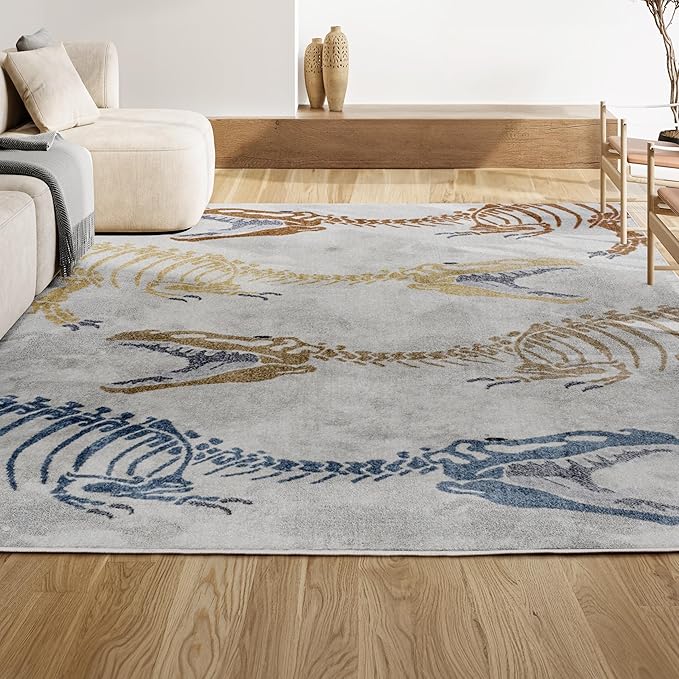 JONATHAN Y Machine-Washable Cream/Multi Indoor Area Rug, 8x10, Kingdarr T-Rex Modern, Casual, Kids & Novelty for Living Room, Dining Room, Bedroom, Kitchen Easy-Cleaning, Non-Shedding (KDW103A-8)