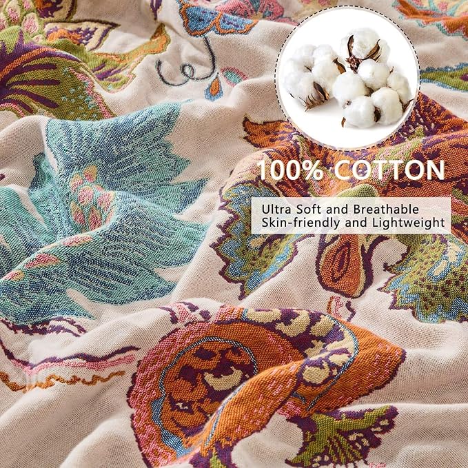 Summer Boho Throw Blanket for Bed, Multi Reversible Blanket Washable Breathable,Lightweight 4-Layer King Size Quilt for Bed,Floral Birds, 100% Cotton Muslin Large Travel Throw Blanket,90"x98"