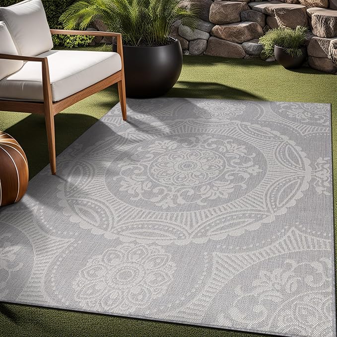Medallion Outdoor Rug 5x7 Washable Outside Carpet for Indoor Patio Porch Waterproof Easy Cleaning Non Shedding Area Rugs Gray 5 x 7