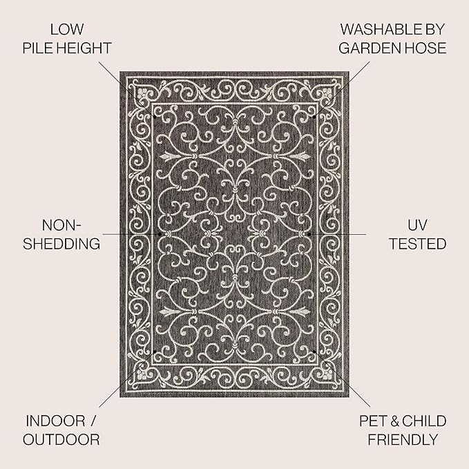 JONATHAN Y Vintage Filigree Indoor Outdoor Square Area Rug 5X5 Black/Gray, Charleston Textured Weave for Backyard, Patio, Porch, Easy-Cleaning, High Traffic, Pet-Friendly, Non-Shedding (SMB106G-5SQ)