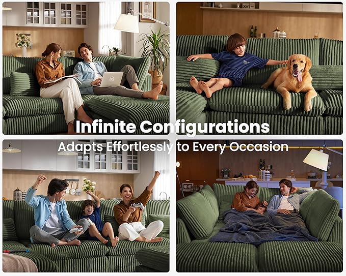 Oversized Modular Sofa, Extra Deep Cloud Corduroy Sectional Couch with Ottoman Chaise, Fluffy Corduroy 5 Seater Sofa Bed for Living Room, Villa (U Shape 5 Seater, Corduroy Green)
