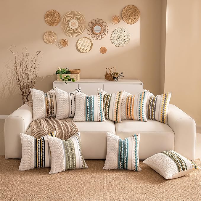 Boho Chenille Tufted Couch Throw Pillow Covers 18x18 Inch Set of 2 Farmhouse Striped Decorative Pillow Covers Accent Neutral Pillowcase Yellow Teal Cushion Cover for Living Room Sofa Bed