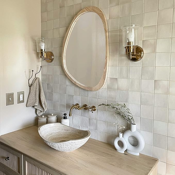 Irregular Wood Frame Boho Mirror - Large Wall Mounted Accent, Asymmetrical, Modern Aesthetic Wall Decor for Bedroom, Entryway, Living Room, Bathroom (Natural)