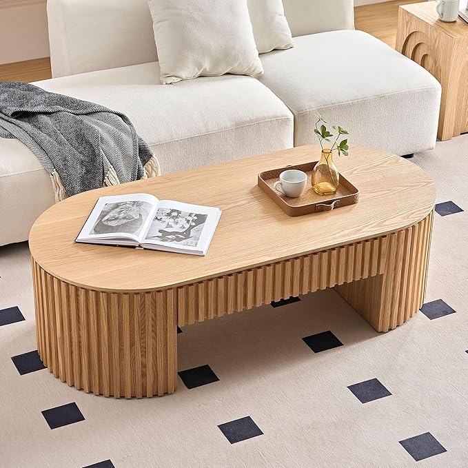 51.18'' Oval Coffee Table for Living Room Fluted Center Table with Drawer, Mid Century Modern Coffee Tables, Easy Assembly for Office Storage Tea Table Oak