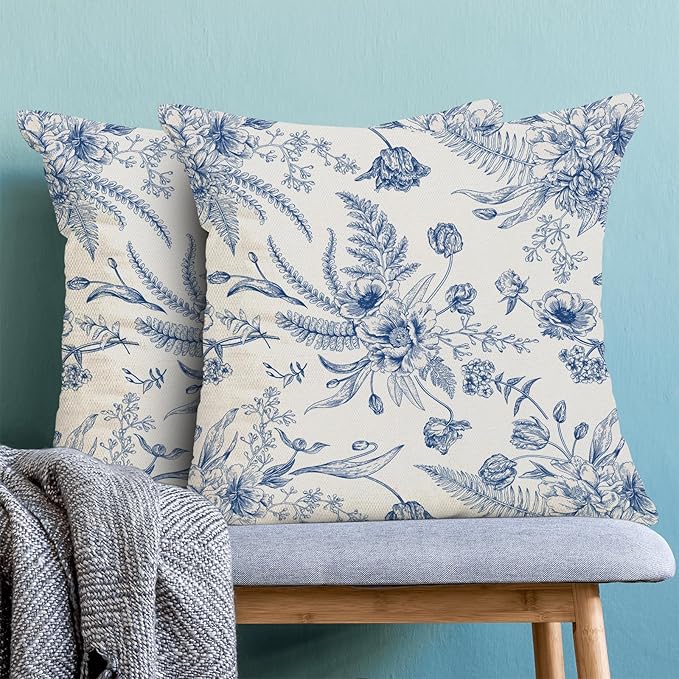 CXMEIFLY Spring Floral Leaves Pillow Covers 22 x 22 Inch Set of 2 for Chinoiserie Flowers Decor Throw Pillows Blue and White Seasonal Plant Outdoor Decorative Cushion Cases for Couch Bed Decorations