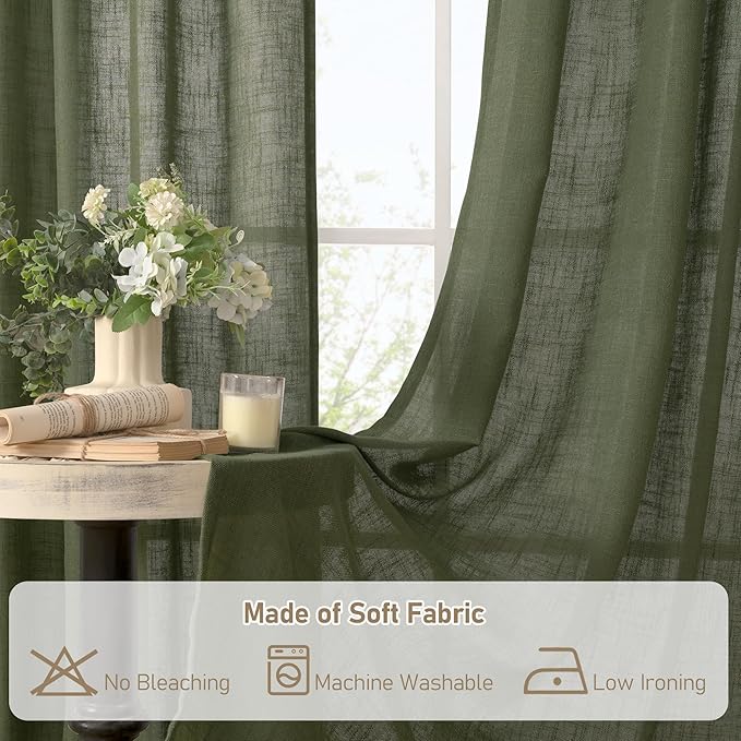 LAMIT Short Linen Curtains 36 Inch Length 2 Panels, Light Filtering Window Curtains Farmhouse Soft Bronze Grommet Panels for Bathroom/Small Windows/Cafe, Olive Green, 34 x 36 Inch