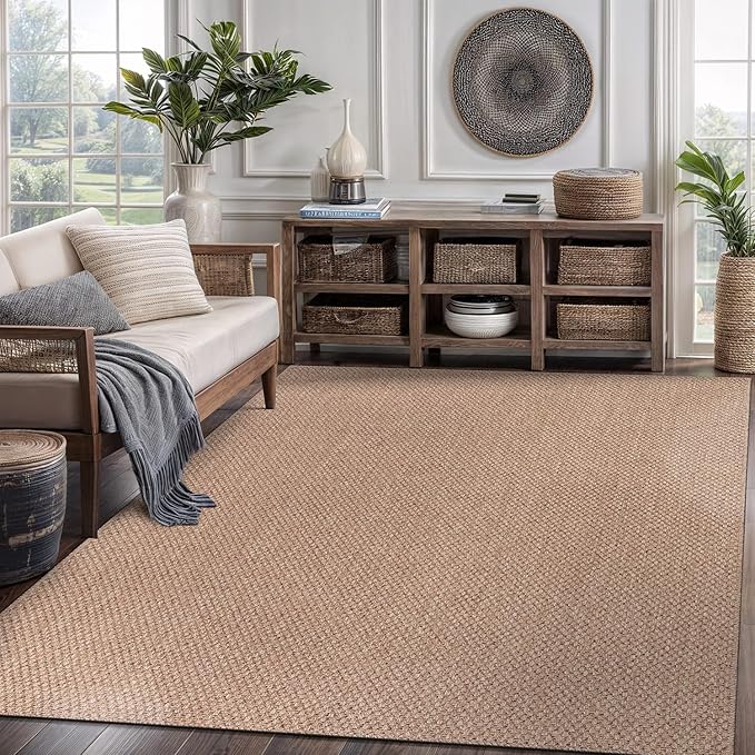 CAMILSON Easy Jute Rug 8x10, Indoor Outdoor Natural Color Farmhouse Area Rugs for Living Room Patio and Kitchen Rug, Solid Boho Woven Design, Easy-Cleaning, Washable Outside Carpet Alfombras (8 x 10)