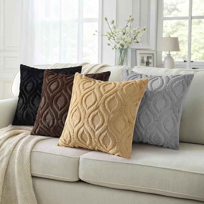 decorUhome Fall Throw Pillow Covers 24x24 Inch Set of 2, Soft Plush Decorative Faux Fur Black Solid Couch Pillow Covers, Accent Farmhouse Neutral Square Euro Pillow Cases for Sofa Bed Living Room