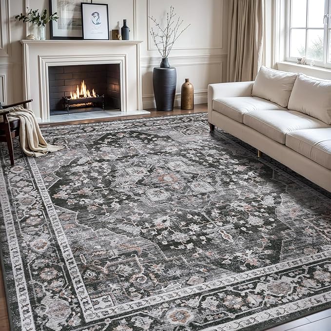 AMOAMI-Area Rug 6X9 Rugs for Living Room-Vintage Sof Dark Grey & Black Rugs for Bedroom-Non Slip Carpet-Machine Washable Rug for Dining Room Living Room Bedroom Office Under Table