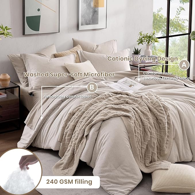 Monbix King Size Comforter Set, Oatmeal Cationic Dyeing Bed Set Reversible, King Size Comforter Set 7 Pieces Bed in a Bag with Comforter, Sheets, Pillowcases & Shams