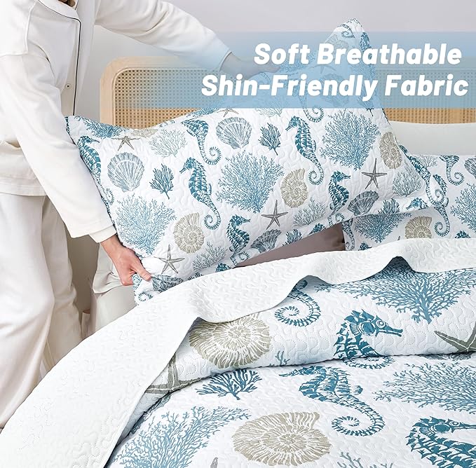 Coastal Bedding Twin Size Coastal Quilt with Shams, Nautical Beach Comforter Sets Ocean Bedspreads Blue Seahorse Coverlet Summer Bedding, 68''x86''