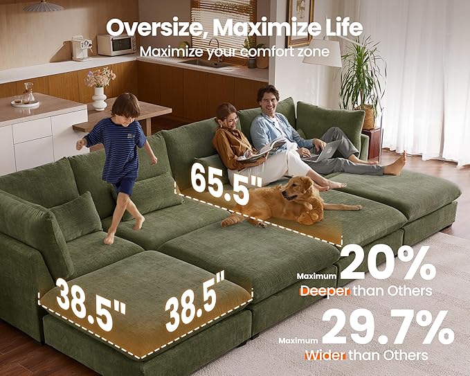 Oversized Modular Sofa, Extra Deep Cloud Chenille Sectional Couch with Ottoman Chaise, Fluffy Chenille Corner V Shape Sofa for Living Room, Villa (Corner V Shape+Ottoman, Chenille Green)