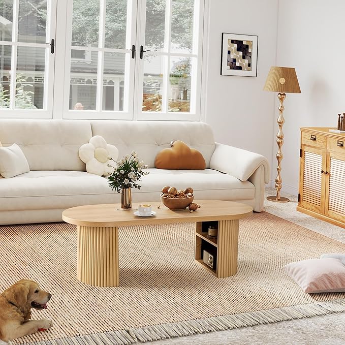 Oval Fluted Coffee Table, 47" Farmhouse Wood Coffee Table Mid Century Modern Center Table Boho Living Room Tables for Living Room Office,Natural