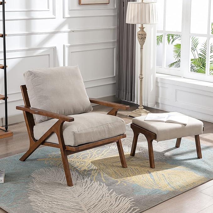 chairus 2 Sets Mid-Century Modern Accent Chairs with Ottoman, Linen Fabric Armchair with Wood Legs Comfy Upholstered Single Sofa Chair for Living Room/Bedroom/Lounge, Beige