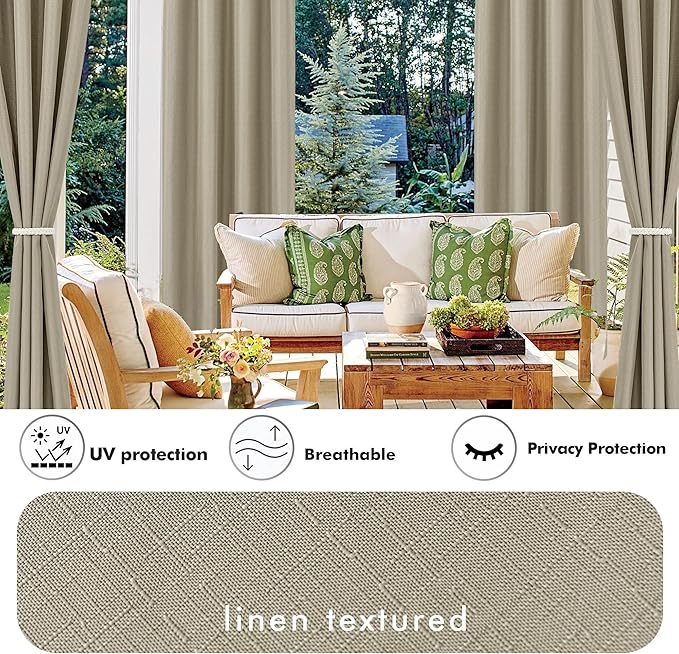 HolidayIdeas Linen Outdoor Curtains for Patio 4 Panels Waterproof Taupe Outside Curtains 110"x108"-Indoor/Outdoor Gazebo Wide Curtains Weatherproof, Privacy for Pergola, Porch, Cabana, Pool