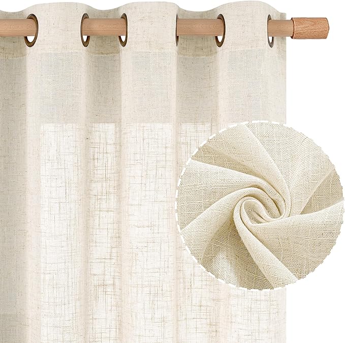 LAMIT 102 inch Natural Linen Curtains for Living Room, Cream Ivory Light Filtering Semi Sheer Long Panels Bronze Grommet Boho Neutral Drapes for Bedroom/Farmhouse,2 Panels Set, 52 x 102 Inch