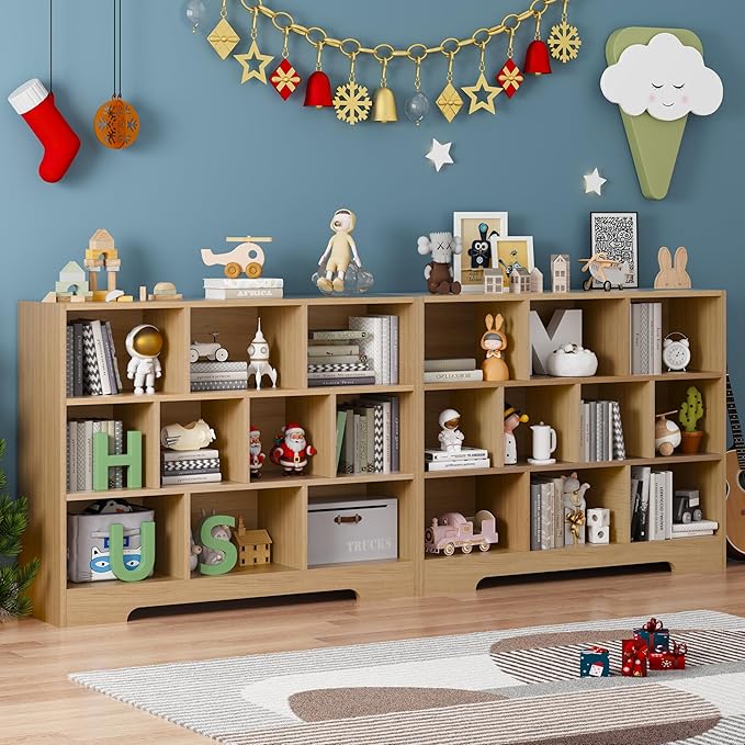 Book Shelf, 10 Cubes Storage Organizer, 3-Tier Open Shelf Wooden Bookcase, Freestanding Log Bookshelf Cube Shelf for Bedroom, Living Room, Home Office