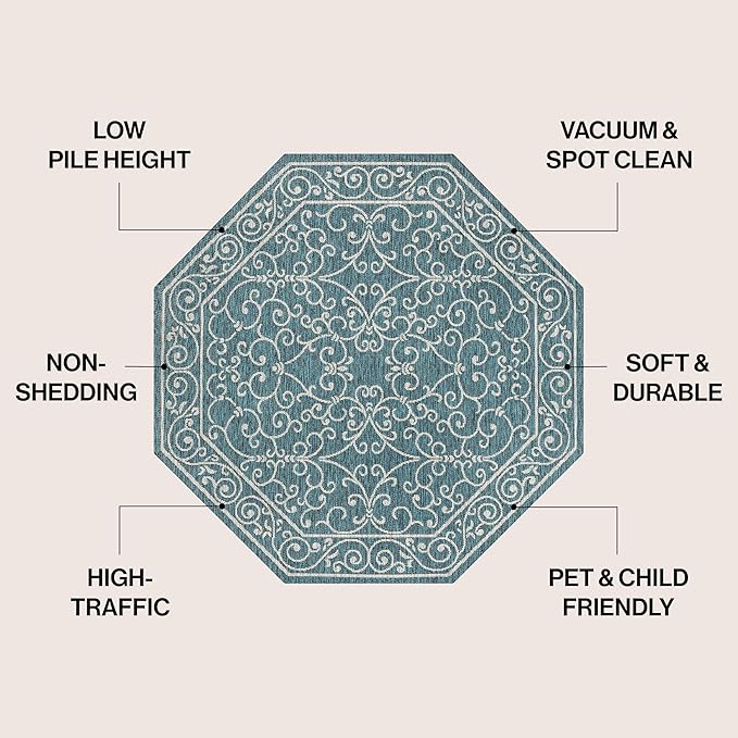 JONATHAN Y Vintage Filigree Indoor Outdoor Octagon Area Rug 5 Ft Teal/Gray, Charleston Textured Weave for Backyard, Patio, Porch, Easy-Cleaning, High Traffic, Pet-Friendly, Non-Shedding SMB106F-5TGN