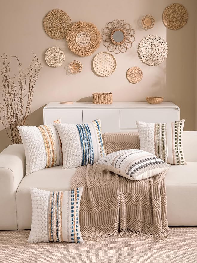 Fall Boho Chenille Tufted Throw Pillow Covers 18x18 Inch Set of 2 Farmhouse Striped Couch Decorative Pillow Covers Accent Neutral Pillowcase Yellow Orange Cushion Cover for Livingroom Sofa Bed