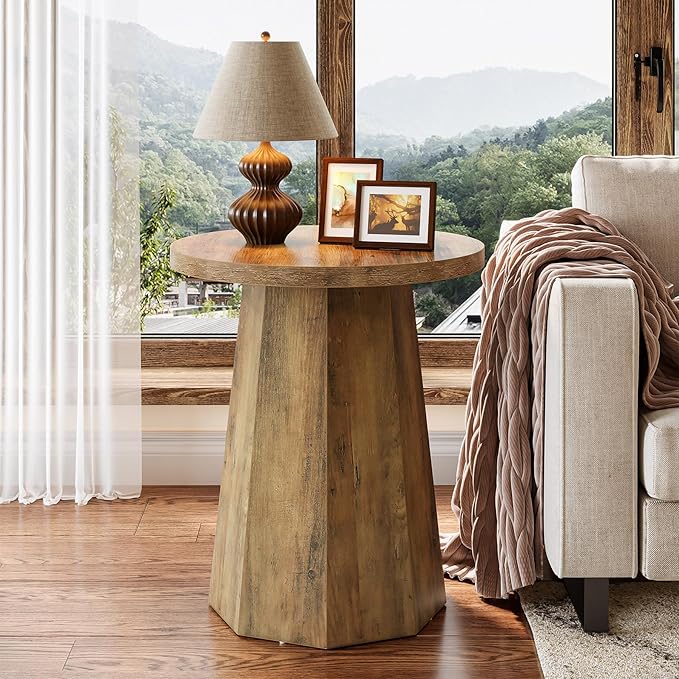 Tribesigns Round Pedestal End Table, Farmhouse Couch Side Table with Octagonal Base, Nightstand Accent Wooden Drink Stand (2, Rustic Brown)