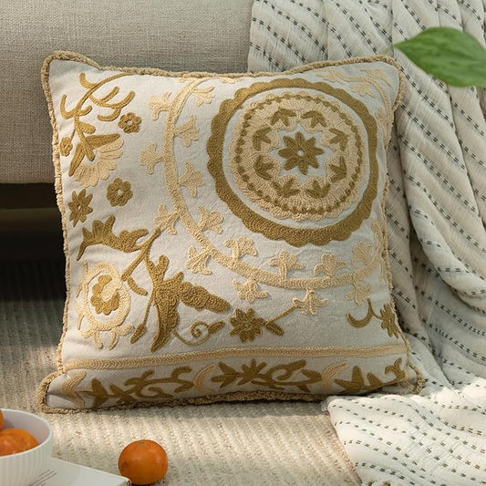 Embroidered Mandala Floral Vintage Indian Cotton Decorative Embroidery Throw Pillow Covers, Fringes Lace Cushion Cover, Pillow Case for Sofa Couch Bed Chair 18" x 18"