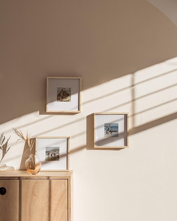 HAUS AND HUES Solid Oak Wood 8”x8” Picture Frames Matted to 4”x4” Set of 3-8x8 Standard Square Picture Frames, Natural Wood Picture Frames 8x8 Square, Matted Picture Frame 8x8 (Beige Oak Frames)