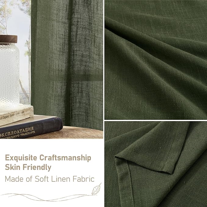 LAMIT Olive Green Linen Curtains 84 inch Length, Soft Linen Textured Light Filtering Semi Sheer Panels with Bronze Grommet for Bedroom/Living Room, 2 Panels, 34 x 84 Inch