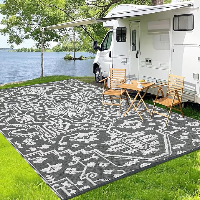 Waterproof Outdoor Rug 9x18 Reversible Plastic Straw Patio Rug, Stain-Resistant Vintage Medallion Carpet, Large Indoor Outdoor RV Mat for Deck, Camping, Balcony, Grey White