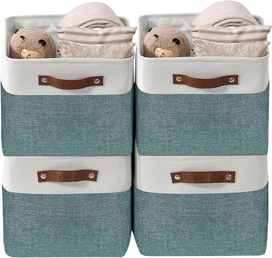 DECOMOMO Storage Bins Fabric Storage Baskets for Shelves, Linen Closet Organization Toys Nursery (Green and White, Large - 4 Pack)