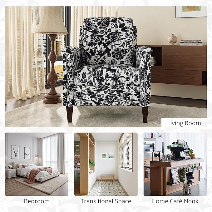 Floral Accent Chair Set of 2, High Back Upholstered Armchair with Solid Wooden Legs, Padded Armrest and Removable Comfortable Cushioned Seat Single Sofa for Living Room, Bedroom, Black