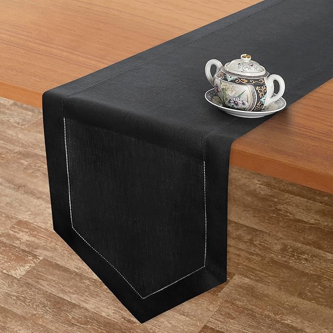 D'Moksha Homes Black Linen Table Runner 90 Inches Long - 100% Pure Linen Diamond Table Runner 14 x 90 Inch for Dining, Fall and Halloween - Machine Washable