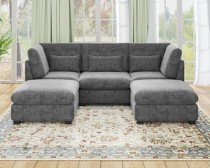 Oversized Modular Sofa, Extra Deep Cloud Chenille Sectional Couch with Ottoman Chaise, Fluffy Chenille 5 Seater Sofa Bed for Living Room, Villa (U Shape 5 Seater, Chenille Grey)