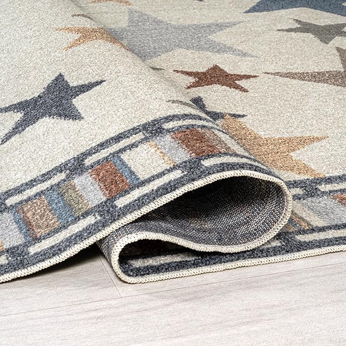 JONATHAN Y Machine-Washable Ivory/Blue/Orange Indoor Area Rug, 4x6, Star Gazer Geometric, Border, Kids & Novelty, Classic, Bedroom, Kitchen, Living Room, Easy-Cleaning, Non-Shedding (KDW100A-4)