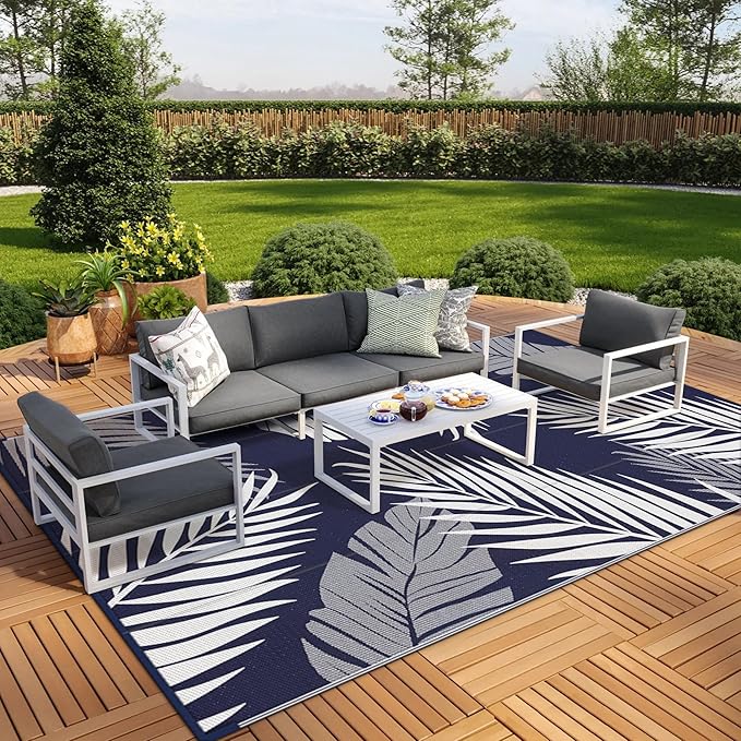 GENIMO Outdoor Rug 10' x 14' Waterproof for Patios Clearance, Reversible Outdoor Plastic Straw Camping Rug Carpet, Large Area Rugs Mats for RV, Camper, Deck, Balcony, Porch, Beach, Navy Blue&White