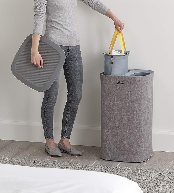 Joseph Joseph Tota 60 liter/15.8 gallon Laundry Hamper Separation Basket with lid, 2 Removable Washing Bags with Handles- Grey
