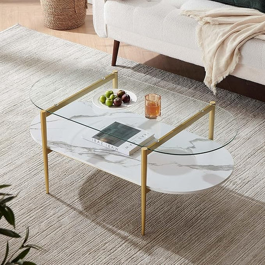 Oval Coffee Table, Mid-Century Modern Design, L41 x W21 x H17 inch, for Living Room, Clear Glass Top, White Marble Finish Wood Shelf & Gold Finish Frame