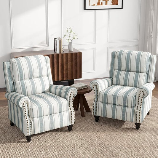 UIXE Pushback Recliner Chairs Set of 2, Fabric Armchair Push Back Accent Chair, Rivet Trim Club Chair Home Theater Overstuffed Single Sofa Reading Seat for Living Room, Stripe Blue
