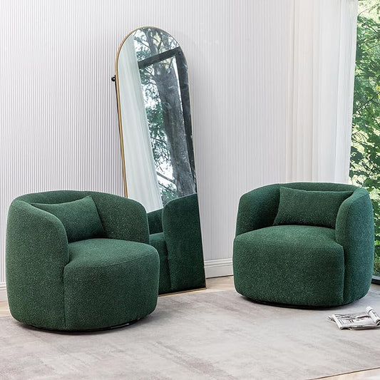 KINWELL 34" Wide Boucle Swivel Barrel Chairs Set of 2, No Assembly Round Upholstered Armchairs Accent Chairs Single Sofa Chair with Toss Pillow for Living Room and Bedroom, Green