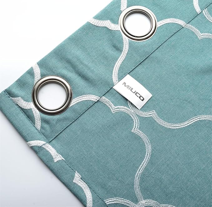 MIUCO Moroccan Embroidery Semi Sheers Curtain Faux Linen Grommet Window Curtains for Bedroom 52 x 95 Inch 2 Panels, Teal