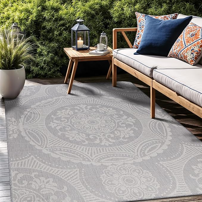 Medallion Outdoor Rug 8x10 Washable Outside Carpet for Indoor Patio Porch Waterproof Easy Cleaning Non Shedding Area Rugs Gray 8 x 10