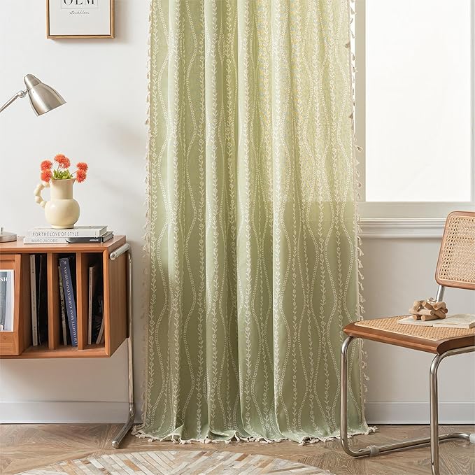 Sutuo Home Boho Curtains 63 Inches Length for Kitchen Doorway Cafe Dining Room, Vintage Tassels Window Treatment Drape for Xmas Decorations Rod Pocket, 1 Panel 59" W x 63" L,Green Stripe Floral