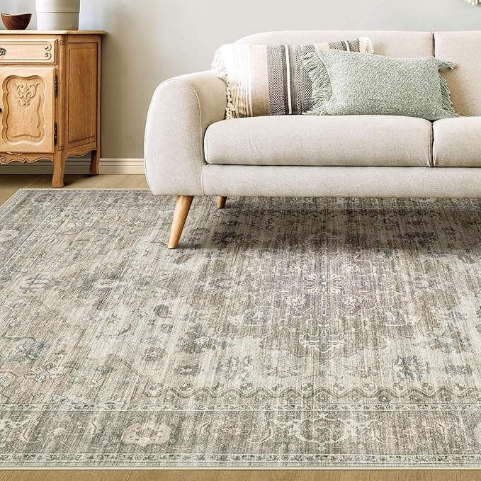 Washable Area Rugs for Living Room -10x14 Neutral Vintage Distressed Floral Farmhouse Boho Large Soft Floor Rug Indoor Non Slip Carpet for Living Room Bedroom Dining Room Office -Brown/Tan