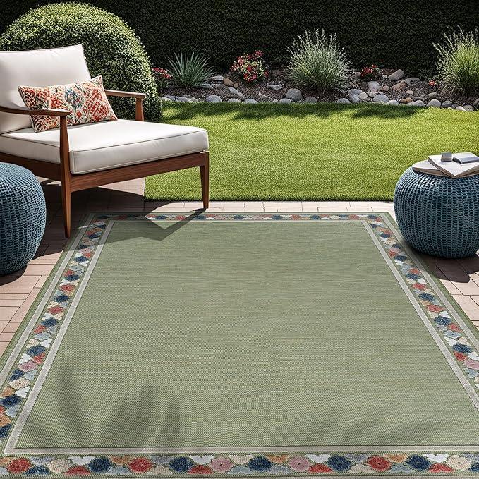 Beverly Rug Outdoor Rug 10x14 Modern Bordered Large Area Rugs for Indoor and Outdoor Patio Easy to Clean Non Shedding Living Room Porch Garden Washable Outside Carpet (10 x 14 Green)