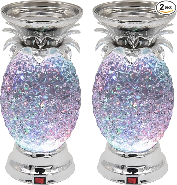 YAKii 9.5" Pineapple LED Color Changing Shine Lamp,Swirling Water Waves Lamp Kid Safe Battery/USB Cable Operated,Table Lamp Candle Holder Table Decoration Silver(Pack of 2)