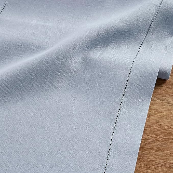 Solino Home Linen Dusty Blue Table Runner 36 Inches - Classic Hemstitch, 100% Pure Linen Coffee Table Runner 14 x 36 Inch Ideal for Dresser Tables - Fall, Autumn, Halloween, Thanksgiving