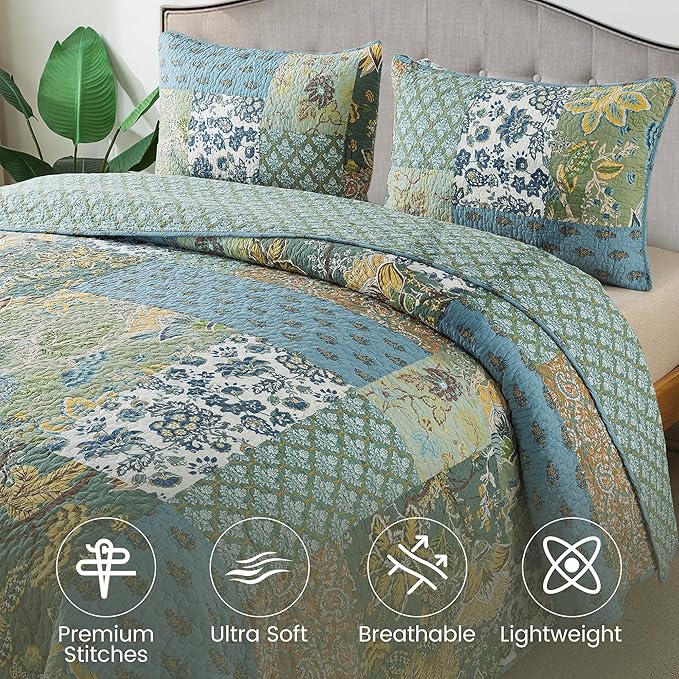 NEWLAKE Cotton Patchwork Bedspread, 3-Piece Bedding Quilt Set with Real Stitched Embroidery, Reversible Matelasse Bed Coverlet Set,Green Farmhouse Garden,Queen Size