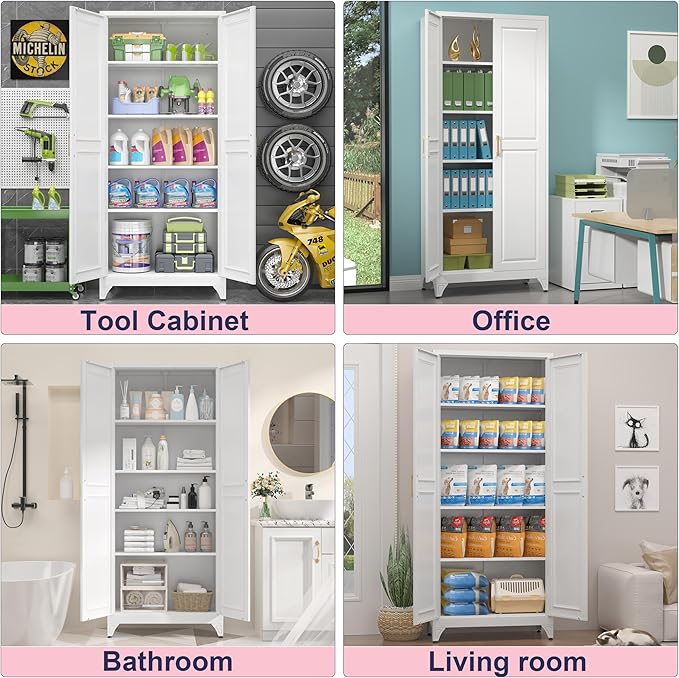 75" Storage Cabinet, Metal Pantry Cabinet, Kitchen Pantry Storage Cabinets with Doors and 4 Shelves, Cabinets for Laundry Room, Living Room, Dinning Room, Assembly Required, White