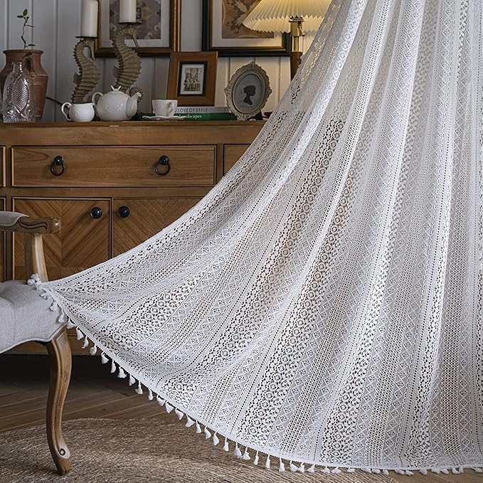 Sutuo Home Boho Sheer Curtain 108 Inches Long, Crochet Lace with Bohemian Hollow Knitted Handmade Tassels,Vintage Farmhouse Window Treatment for Bedroom, Rod Pocket, 1 Panel 59" W x 108" L, White